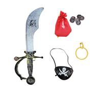 GWAWG Juego de espada pirata infantil con parche en el ojo, pendientes, bolsa de monedas, 4 piezas de accesorios piratas para niños, disfraz de disfraz para Halloween, carnaval, teatro, cosplay, niñas