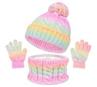 GWAWG Juego de gorro, bufanda y guantes 3 en 1 para niños, gorro de punto con pompón, calentador de cuello y guantes para niños y niñas, forro polar suave, juego de gorro, bufanda y guantes degradados