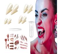 GWAWG Kit de Dientes Vampiro (4 Tamaños) con Adhesivo Dental + 4 Hojas de Tatuajes Temporales - Disfraces Halloween, Fiestas de Cosplay y Accesorios de Fantasía