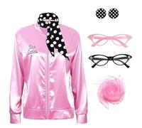GWAWG Pink Ladies Jacket Grease Fancy Dress Women,Lady Jackets Adults with 1950s Accessories,50s Ladys Pink Satin Jacket for Women Halloween Christmas Carnival, 80s Party (Ladies, S)