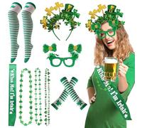 GWAWG St Patrick's Day Costume Accessories Set,Headband Glasses Necklace Arm Warmers Sash,Irish Saint Patrick's Day Fancy Dress Outfit for Party Parade Supplies