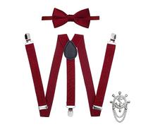 GWAWG Tirantes de los Hombres y el Conjunto Pajarita Tejida Tirante Ajustable Pantalones con Clips Fuertes un Broche, para la Boda Fiesta Ceremonia Chico Rojo