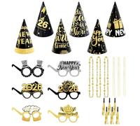 GWAWH Pack of 24 New Year's Eve Accessories Photo Props, New Years Eve Decorations, New Year's Eve Party Hats, Glasses, Streamers and Necklace for Women Man, Black Gold