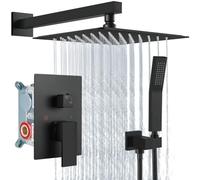 GWFBLID Juego de Grifo de Ducha de Lluvia Columna de Duchas con Cabezal de Ducha Cuadrado y Rociador de Mano Grifería de Baño de Pared con Válvula de Latón y Kit de Embellecedor Negro Mate