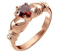 GWG Jewellery Anillo de Claddagh, Chapado en Oro Rosa 18K Dos Manos Que Rodean Corazón de Piedra de Color Rubí Rojo con Corona - 10 en Caja de Regalo para Mujeres