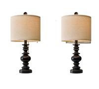 GWJKG 20.5 Inch Farmhouse Resin Table Lamp with Linen Lampshade Nightstand, Decorating Small Areas Suitable for Living Room, Dormitory, Office,(2 Pack Black)
