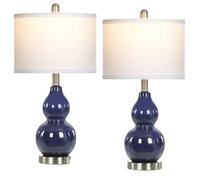 GWJKG 22-Inch Double Gourd Ceramic Table Set of 2 with Nightstand, Bedside Lamp, Bedroom Suitable for Living Room, Dormitory, Office,(Blue)