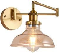 GWJKG Adjustable Gold Swing Arm Hardwired Antique Vintage Industrial Wall Lamp with Amber Glass, Perfect for Bedroom, Living Room, Bedside & Headboard