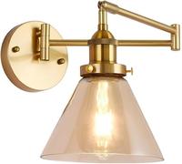 GWJKG Adjustable Gold Swing Arm Wall - Antique Vintage Industrial Hardwired Lamp with Amber Glass for Bedroom, Living Room, Headboard, Farmhouse Decor