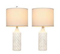 GWJKG Ceramic Table Lamp 2-Piece Set, Diamond Raised Texture, 3-Way Dimming, Bedroom Bedside Suitable for Living Room, Dormitory, Office,(White)