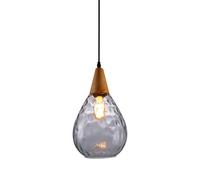 GWJKG Clear Pendant Light, Wood Hanging Lamp, Teardrop Dome Chandelier, Small Ceiling Fixture, Socket, Hammered Glass, Dining Room, Island, 22cm Diameter