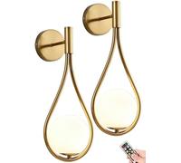 GWJKG Gold Wireless Sconces 2 Pack Remote Controlled Indoor with Battery Operated Metal Circle Brass Finish Swing Arm Wall Lamps Fixtures for Living Room Bedro