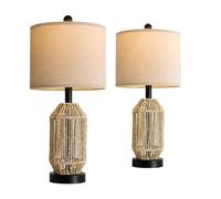 GWJKG Inch Farmhouse Style Table Hemp Rope Braided Lamp Body with Linen Lampshade, Bedside Bedroom Dining Suitable for Living Room, Dormitory, Office,(Black- Pack 2)