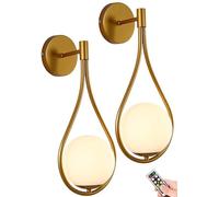 GWJKG Set of Battery Operated Glass Globe Sconces USB Rechargeable Wireless Remote Indoor Wall Lights for Living Room, Bedroom, Bathroom - Gold Brass Fixture, No Wiring Needed