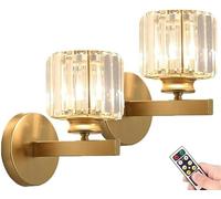 GWJKG Set of Battery Operated Wall Sconces with Remote, Rechargeable Glass Shade Lamp, Non-Hardwired for Bedroom, Bathroom, Living Room, Fireplace - Elegant Gold Finish