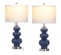 GWJKG Three Gourd Ceramic Table Lamp Set of 2 with USB Ports and AC Outlet, 3-Way Touch Control Bedroom Suitable for Living Room, Dormitory, Office,(Blue)