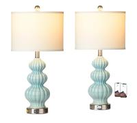 GWJKG Three Gourd Ceramic Table Lamp Set of 2 with USB Ports and AC Outlet, 3-Way Touch Control Bedroom Suitable for Living Room, Dormitory, Office,(Green)