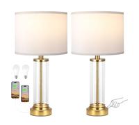GWJKG Touch Glass Table Lamp 2-Piece Set with USB C+A Interface, 3-Way Dimmable, and Bedroom Suitable for Living Room, Dormitory, Office,(Beige Shade+Gold Base)