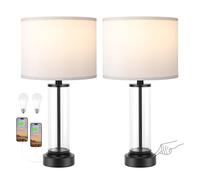 GWJKG Touch Glass Table Lamp 2-Piece Set with USB C+A Interface, 3-Way Dimmable, and Bedroom Suitable for Living Room, Dormitory, Office,(White Shade+Black Base)
