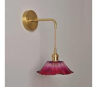 GWJKG Vintage Brass with Pink Glass Flower Shade Gold Farmhouse Mount Light for Living Room Girls Bedroom Bedside Porch Restaurant Nordic Hanging Wall Lamp in Purple and Cl