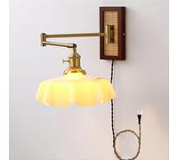 GWJKG Vintage Gold Swing Arm Sconce Milk Glass Plug-in Light Mid Century Rustic Wood Wall Lamp Farmhouse with E26/E27 Base for Bedroom Bedside Living Room Dressing Table