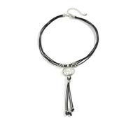 GWSGSFAS Collar de cera de cuero retro para mujer, colgante redondo de color plateado, borla larga, estilo étnico, cadena de hilo, joyería para el cuello, color plateado