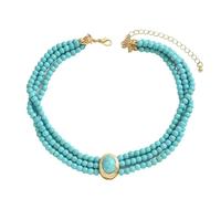 GWSGSFAS Collar de cuentas geométricas vintage francés, cadena de aleación en capas de turquesa, gargantilla de longitud larga, elegante joyería retro, color azul