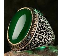 GWSGSFAS Joyería Retro Esmeralda Natural Plata Vieja Tallado Tótem Hombre Anillo-verde-12