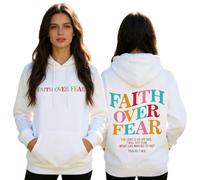 GXJIXf Faith Over Fear Hoodie, Cute Christian Hoodies, Color Print, Fleece Lining, for Women & Girls (White,M)