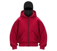 GXJIXf Masked Hoodies for Men, Winter Double Hooded Zip Sweatshirt, Built-in Balaclava, Fleece-Lined, Fashion & Casual (Red-B,3XL)