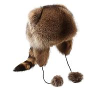GXJIXf Winter Cute Raccoon Plush Hats, Faux Fur Windproof Hooded, Furry with Tail, for Parent-Child (L)