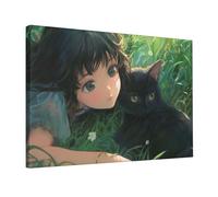 Gxllhh Decoración De Pared Lienzo Enmarcado Chica Gato Negro Marco Madera Listo Para Colgar Decoración Del Hogar, Paisaje, Póster Sala Estar, Dormitorio