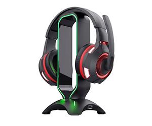 GXTrust Cintar Soporte para Auriculares RGB, Diseño Universal, Negro | 2 Puertos USB, Bordes Iluminados por LED, Soporte Cascos Gaming con Base Anti-Deslizante para Escritorio PC