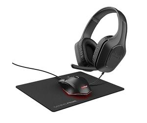 GXTrust Tridox Pack Gaming Cascos/Ratón/Alfombrilla de Ratón, Negro | Cascos Ligeros Drivers de 50 mm, Conexión 3.5 mm, Ratón Gamer USB 200-6400 dpi, Alfombrilla de Ratón, Paquete para PC