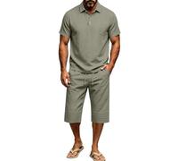 GXWYJMTE Chándal para hombre de 2 piezas, conjunto de lino, cuello liso, camisetas de manga corta y pantalones cortos de arruga 7/8, verano, cómodo, transpirable, ligero, para el día a día, traje de