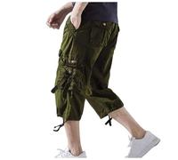 GXWYJMTE Pantalones cargo para hombre, monocolor, múltiples bolsillos, sueltos, 7/8, pantalones largos, Verde militar, L