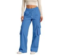 GXWYJMTE Pantalones para mujer, cintura elástica suelta, con bolsillos, con cordón, pantalones cargo de pierna ancha, largos de verano, cómodos, transpirables, ligeros, para el día a día, pantalones