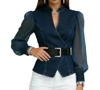 GXWYJMTE Tops para mujer con cuello en V, encaje, manga larga, vaqueros, camiseta, verano, cómoda, transpirable, ligera, informal, para el día a día, camiseta de verano, camiseta de senderismo