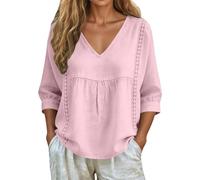 GXWYJMTE Tops para mujer de color liso, encaje, cuello en V, sin cordones, mangas 7/8, camisetas de verano, cómodas, transpirables, ligeras, informales, para el día a día, camiseta de verano, para