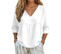 GXWYJMTE Tops para mujer de color liso, encaje, cuello en V, sin cordones, mangas 7/8, camisetas de verano, cómodas, transpirables, ligeras, informales, para el día a día, camiseta de verano, para