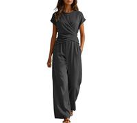 GXWYJMTE Traje de pantalón para mujer de 2 piezas, diseño cruzado, asimétrico, parte superior, cintura alta, pierna ancha y pantalones de viaje, colores lisos, para verano, cómodo, transpirable