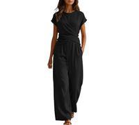 GXWYJMTE Traje de pantalón para mujer de 2 piezas, diseño cruzado, asimétrico, parte superior, cintura alta, pierna ancha y pantalones de viaje, colores lisos, para verano, cómodo, transpirable