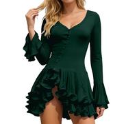 GXWYJMTE Vestido de verano para mujer, sexy, manga de vuelo, minivestido entallado, con botones, cómodo, transpirable, ligero, para fiestas, cócteles, para el tiempo libre, para la playa, verde, L