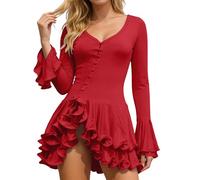 GXWYJMTE Vestido de verano para mujer, sexy, manga de vuelo, minivestido entallado, con botones, cómodo, transpirable, ligero, para fiestas, cócteles, para el tiempo libre, para la playa, 01 rojo., S