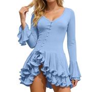 GXWYJMTE Vestido de verano para mujer, sexy, manga de vuelo, minivestido entallado, con botones, cómodo, transpirable, ligero, para fiestas, cócteles, para el tiempo libre, para la playa, azul, L