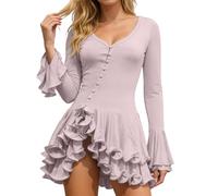 GXWYJMTE Vestido de verano para mujer, sexy, manga de vuelo, minivestido entallado, con botones, cómodo, transpirable, ligero, para fiestas, cócteles, para el tiempo libre, para la playa, Rosa., S