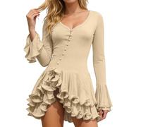 GXWYJMTE Vestido de verano para mujer, sexy, manga de vuelo, minivestido entallado, con botones, cómodo, transpirable, ligero, para fiestas, cócteles, para el tiempo libre, para la playa, beige, M