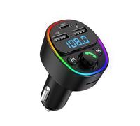 GXY KIT Transmisor FM Bluetooth 5.4 para reproductor de MP3 de coche, cargador rápido tipo C y USB-A, audio estéreo de alta fidelidad, llamadas manos libres, luz ambiental de anillo, cargador de coche