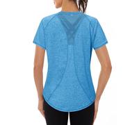 Gyabnw Camiseta Deportiva para Mujer, Camiseta de Manga Corta, Camiseta de Entrenamiento, Rápido Camisetas de Malla Mujer Yoga Fitness Top Ropa Deportiva Entrenamiento Azul Cielo Profundo XXL