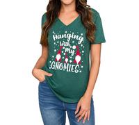 Gyabnw Camiseta Navideña Mujer Mangas Cortas Tops Estampados Moda Cuello en V Camisetas Navidad Clásico de Vacaciones Holgado y Cómodo Top